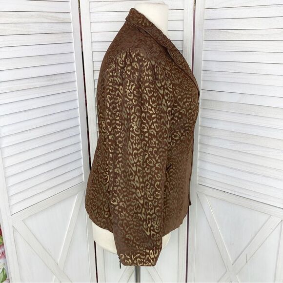 Pamela McCoy Metallic Leopard Print Leather Coat Brown Gold 1X Zipper Front - Picture 4 of 15